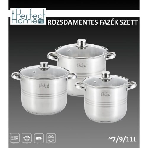 Rozsdamentes edénykészlet / fazék szett üvegfedővel 7, 9, 11 liter