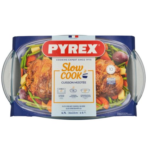 Pyrex Slow Cook szögletes üveg sütőtál fedővel 36 x 22 cm 6,7 liter (4,4 liter + 2,3 liter)