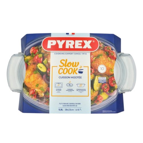 Pyrex Slow Cook ovális üveg kacsasütő tepsi fedővel 38 x 23 cm 5,8 liter (4,4 liter + 1,4 liter)