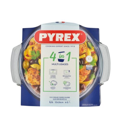 Pyrex kerek üveg sütőtál fedővel 32 x 26 cm 5,1 liter (3,7 liter + 1,4 liter)