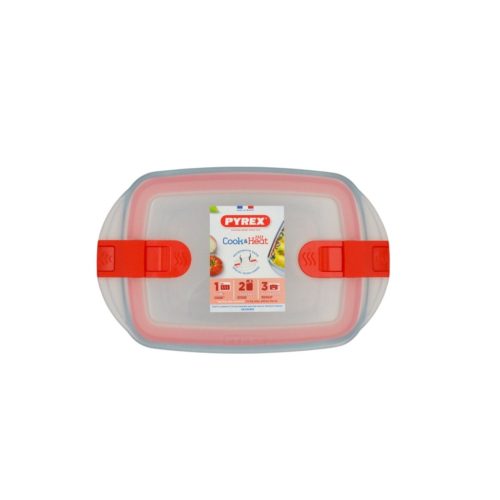 Pyrex Cook & Heat szögletes üveg sütőtál műanyag fedővel 23 x 15 x 7 cm 1,2 liter