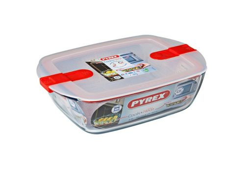 Pyrex COOK&HEAT Szögletes sütőtál műanyagfedővel 2,5 liter 28x20x8 cm