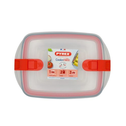 Pyrex Cook & Heat szögletes üveg sütőtál műanyag fedővel 28 x 20 x 8 cm 2,5 liter