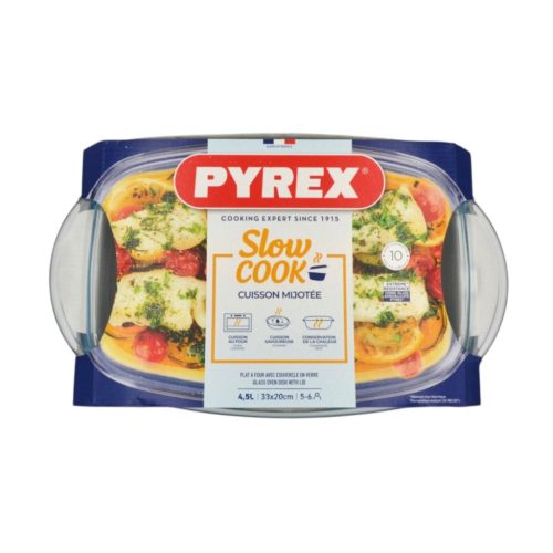 Pyrex Slow Cook szögletes üveg sütőtál fedővel 33 x 20 cm 4,5 liter (2,9 liter + 1,6 liter)