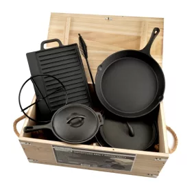 Öntöttvas BBQ Grill szett fa dobozos 6+1 részes