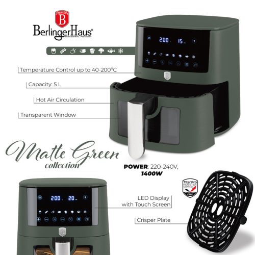 Berlinger Haus forró levegős fritőz, 5 L, átlátszó ablakkal, matt zöld